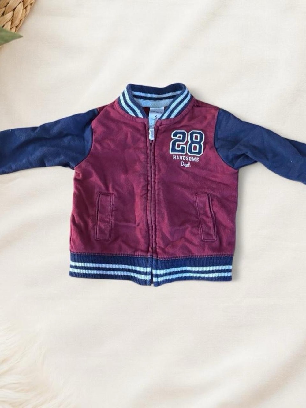 Boys 3-6 Months Full Zip 'Handsome' Number 28 Bomber Jacket - Burgundy & Navy